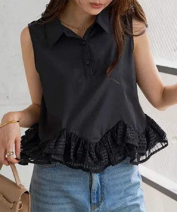 専用新品未使用春夏物　裾レース切替転写素材 ノーカラージャケット 裾フリルレース切替えノースリーブブラウス [C8017] - レディース