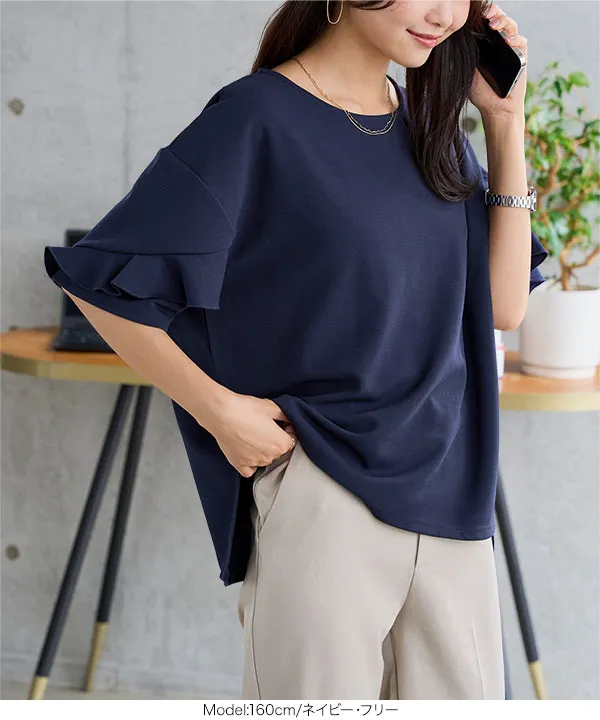 [ オフィスカジュアル ]シワになりにくいストレッチ袖フリルカットトップス [C8039] | 近日販売予定！
