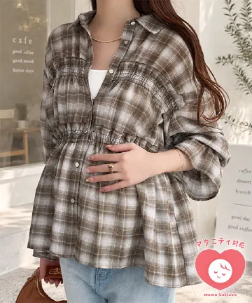 [ mamaレタス ] シャーリングチェックシャツ [C8089]