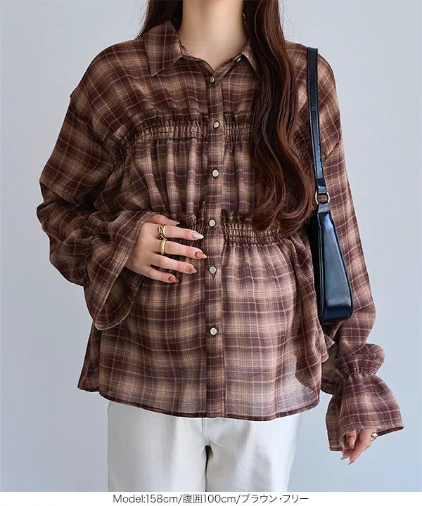 [ mamaレタス ] シャーリングチェックシャツ [C8089]
