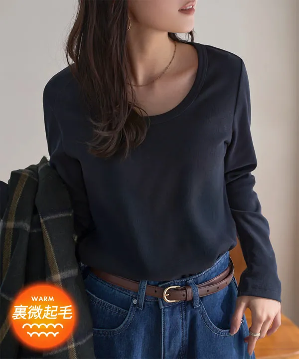 M L XL 選べるサイズ ] [ 裏微起毛 ] 深Uネック細リブ長袖Tシャツ