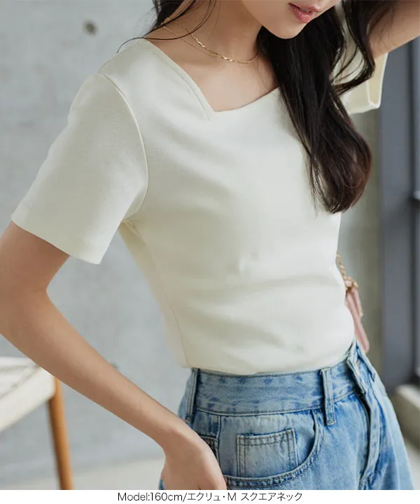 M L XL 選べるタイプ ] 深開きスクエア Uネック 半袖Tシャツ [C8765