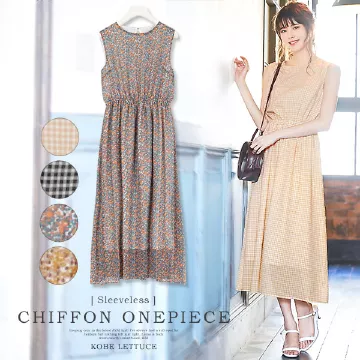 ノースリーブ膨れシフォンワンピース [E2052]