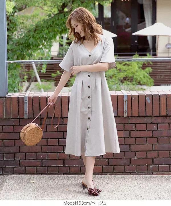 5分袖ウエストタックフレアワンピース [E2090] - レディース