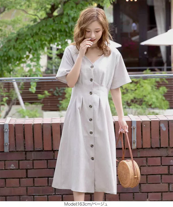 5分袖ウエストタックフレアワンピース [E2090] - レディース