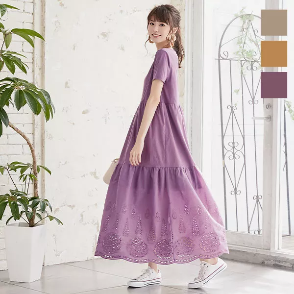 カットワークレースドッキングTシャツワンピース [E2137