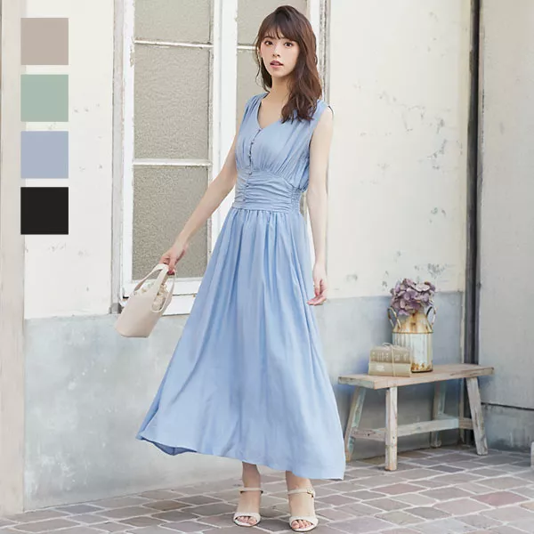 ウエストギャザー入りフレアワンピース [E2142] - レディース