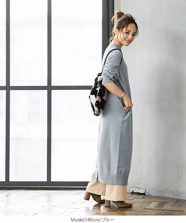 田中亜希子さんコラボ ]ワンピーススリットボタンモダールニット