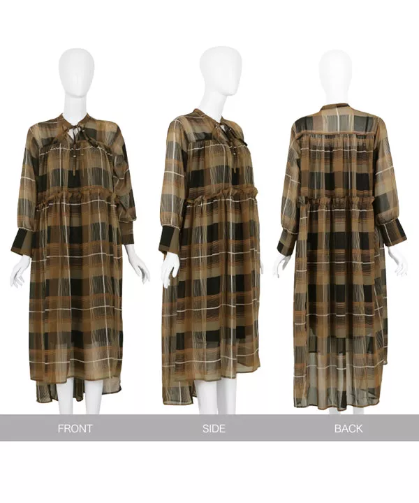 インナー付きチェック柄シフォンカフタンワンピース [E2186]