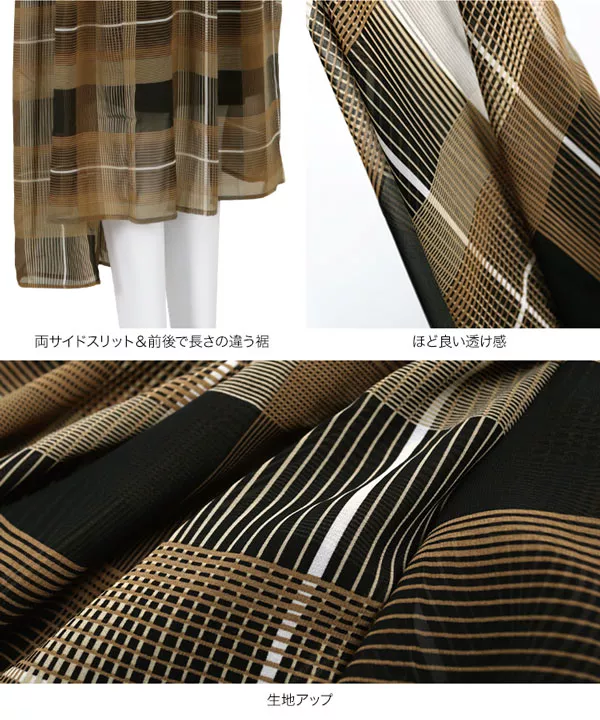 インナー付きチェック柄シフォンカフタンワンピース [E2186