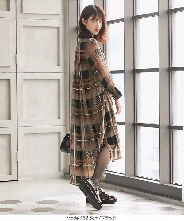 インナー付きチェック柄シフォンカフタンワンピース [E2186]