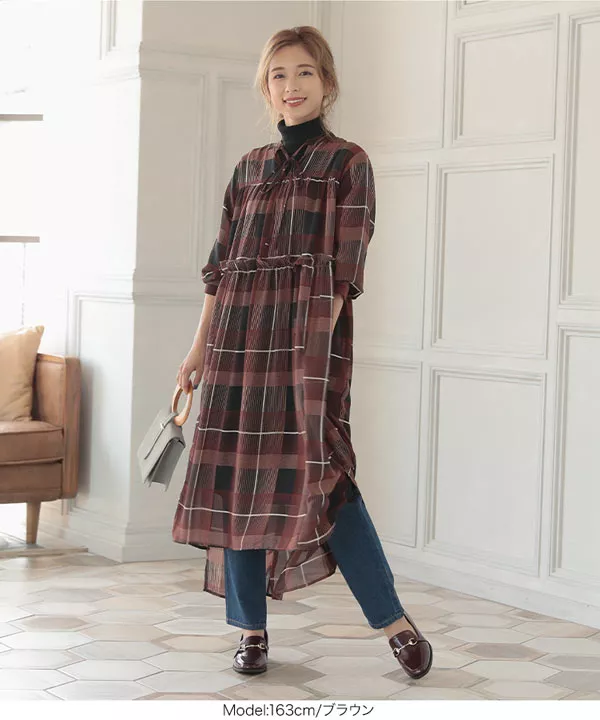 インナー付きチェック柄シフォンカフタンワンピース [E2186