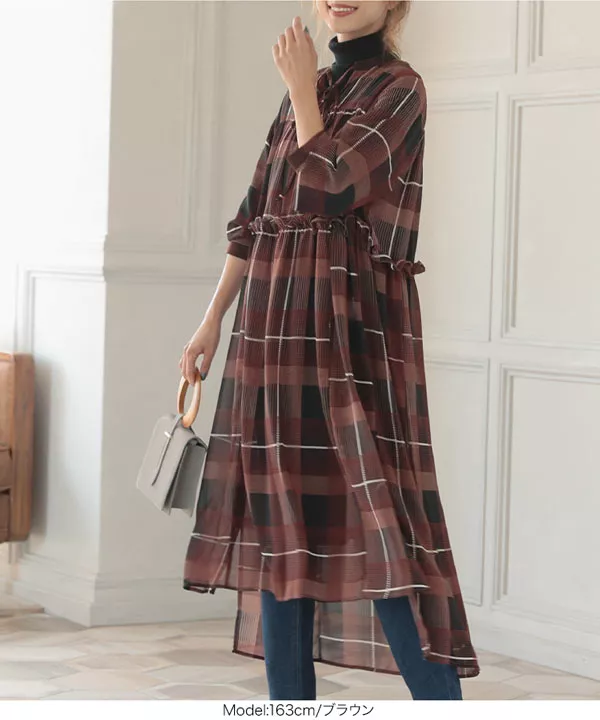 インナー付きチェック柄シフォンカフタンワンピース [E2186]
