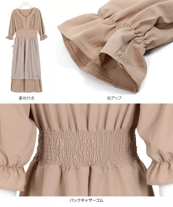 7分袖ウエストギャザー入りフレアワンピース [E2192]