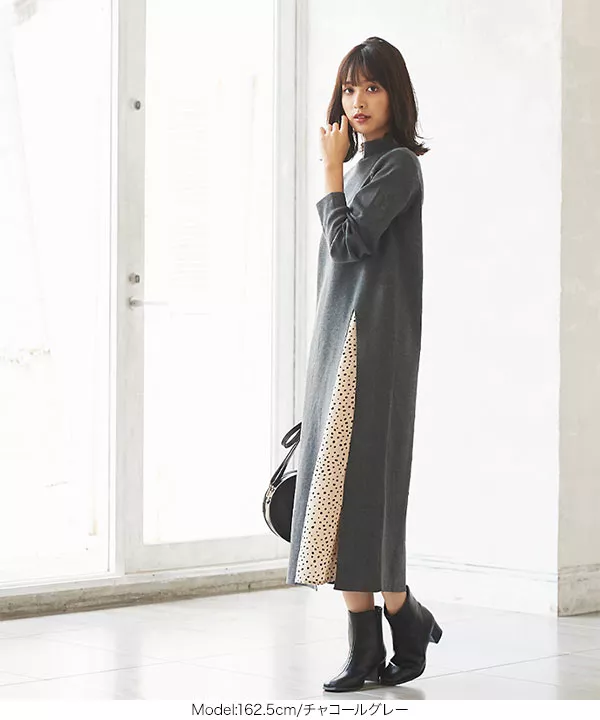 サイドスリットハイネックワンピース [E2207] - レディース