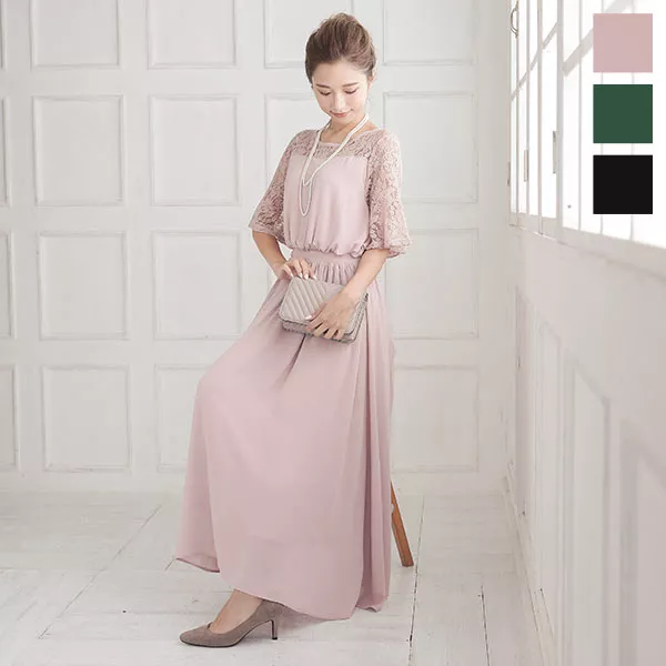Dress ]レース切替バックフリルジョーゼットドレスワンピース [E2238