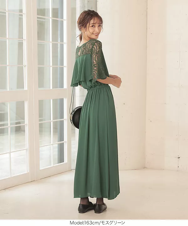 [ Dress ]レース切替バックフリルジョーゼットドレスワンピース [E2238]