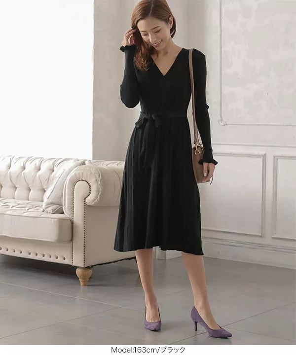 リボン付きカシュクールニットワンピース [E2252] - レディース