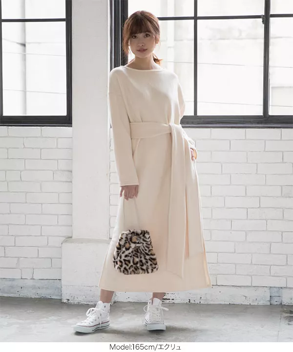 裏起毛 ]ウエストベルトゆったりワンピース [E2268