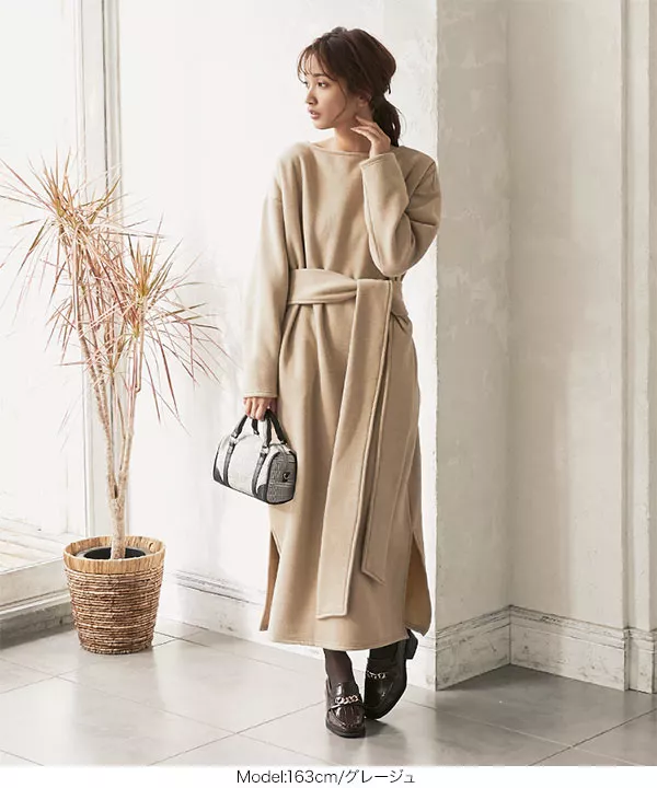 裏起毛 ]ウエストベルトゆったりワンピース [E2268] - レディース