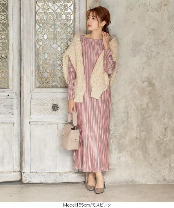 ロングスリーブプリーツサテンワンピース [E2564] - レディース