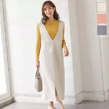 くるみボタンVネックジャンパワンピースカート [E2675]