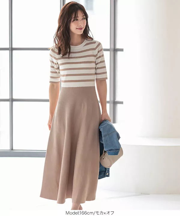 フィット＆フレアロングニット5分袖ワンピース [E2737