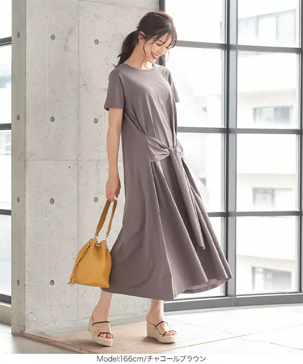 新品Wellness リブワンピース　杢グレー　Sサイズ ウエストリボンカットソーワンピース [E2738] - レディース