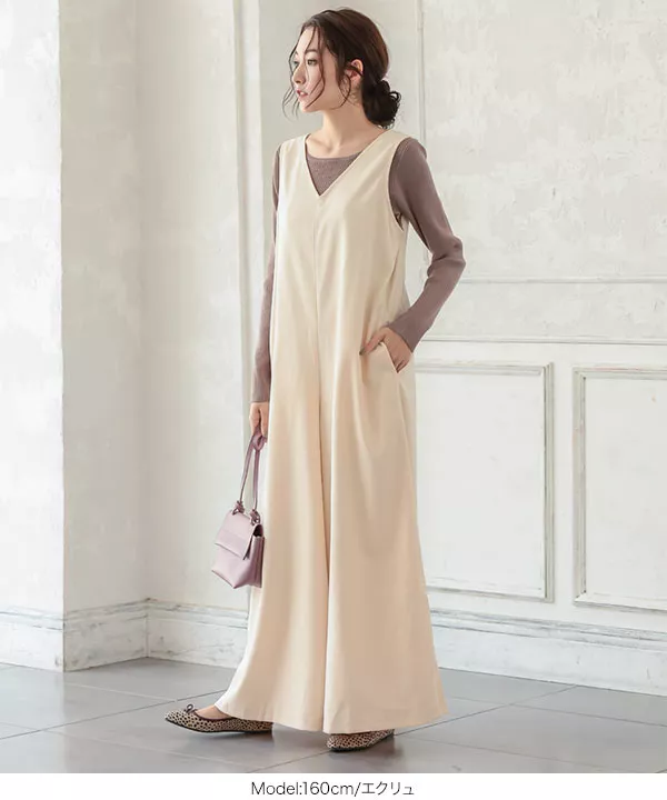 フェイクスエードVネックオールインワン [E2943] - レディース