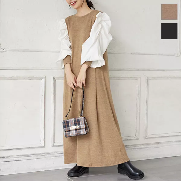 ボリュームスリーブドッキングワンピワンピース [E2955] - レディース