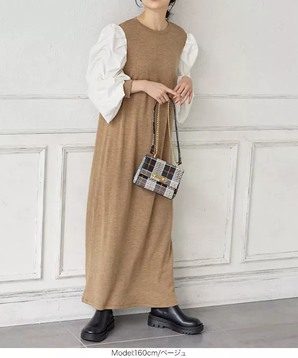 ボリュームスリーブドッキングワンピワンピース [E2955] - レディース