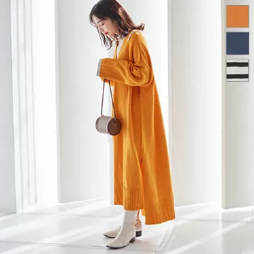 ライン入り襟付きニットマキシワンピース [E2998]