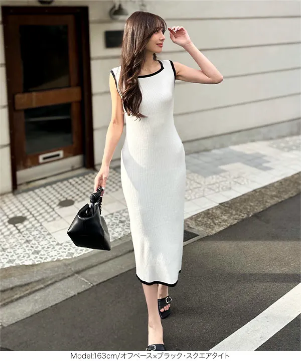 ［ 岡部あゆみさんコラボ ］選べるネックとタイプ リブニットノースリーブワンピース [E3004]