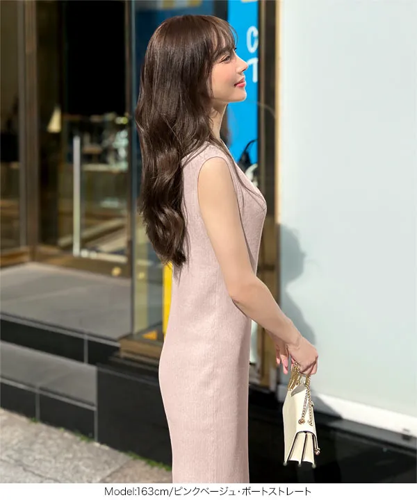 ［ 岡部あゆみさんコラボ ］選べるネックとタイプ リブニットノースリーブワンピース [E3004]