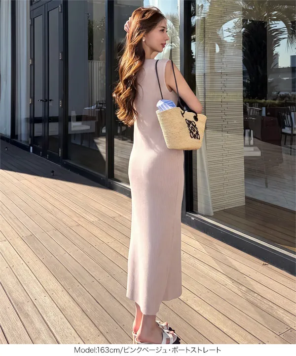 ADORE 薄いピンクベージュ　 ノースリーブワンピース 岡部あゆみさんコラボ ］選べるネックとタイプ リブニットノースリーブ