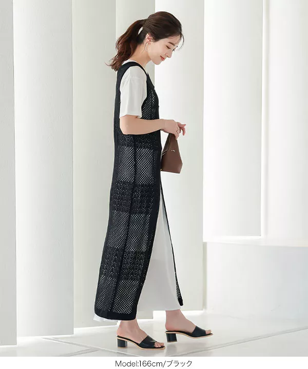 色: ブラック神戸レタス 透かし編みジレワンピース E3021ファッション