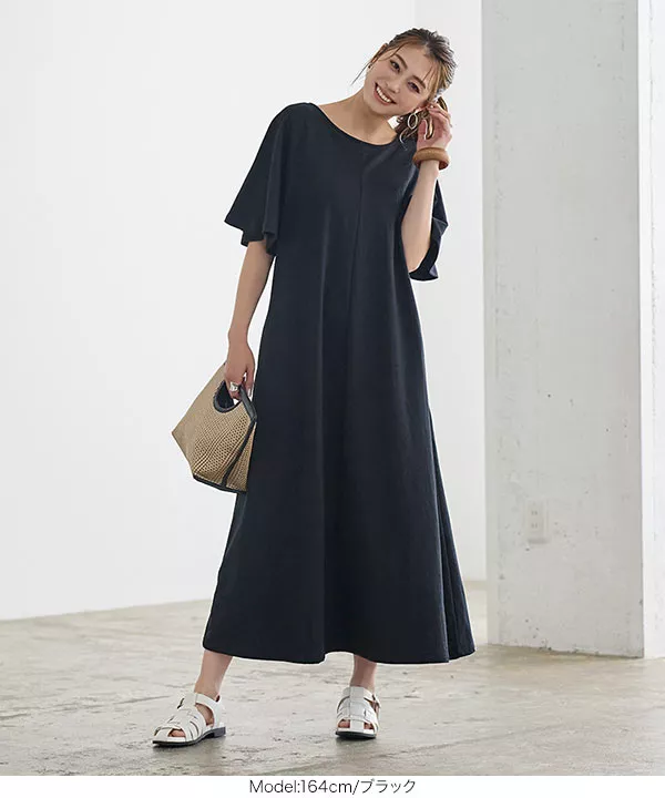 カップ付きフレアスリーブワンピース [E3077]