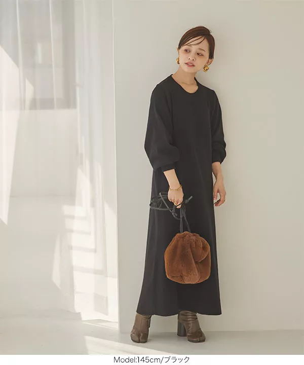 田中亜希子さんコラボ ]袖ボリュームニットフレアワンピース [E3103
