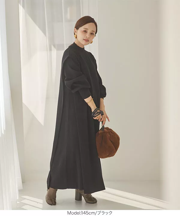 田中亜希子さんコラボ ]袖ボリュームニットフレアワンピース [E3103