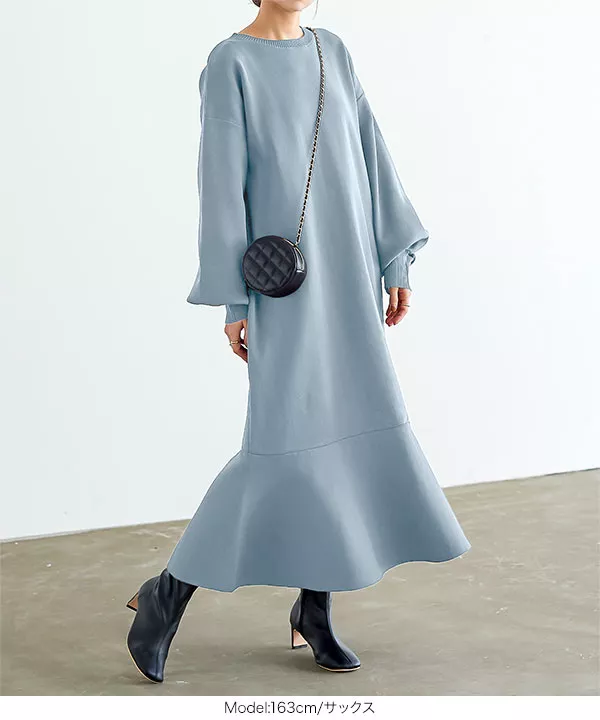 ボリュームスリーブスポンジニットマーメイドワンピース [E3122