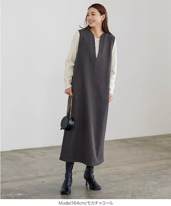 フェイクウールキーネックジャンスカワンピース [E3192] - レディース