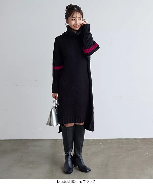 袖ラインニットタートルネックワンピース [E3216] - レディース