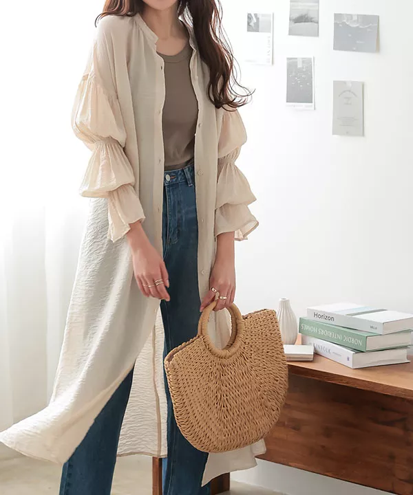 ボリュームスリーブシアーロングシャツ [E3237] - レディース