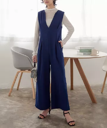 ディープキーネックウエストタックオールインワン [E3241