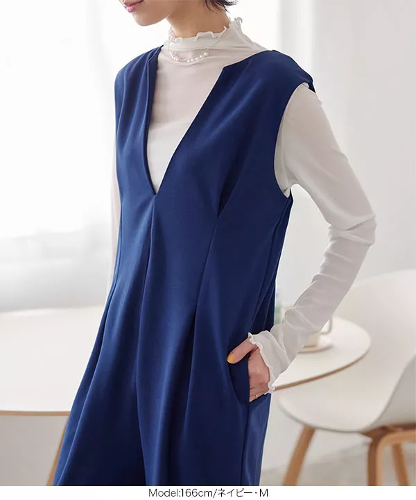 ディープキーネックウエストタックオールインワン [E3241