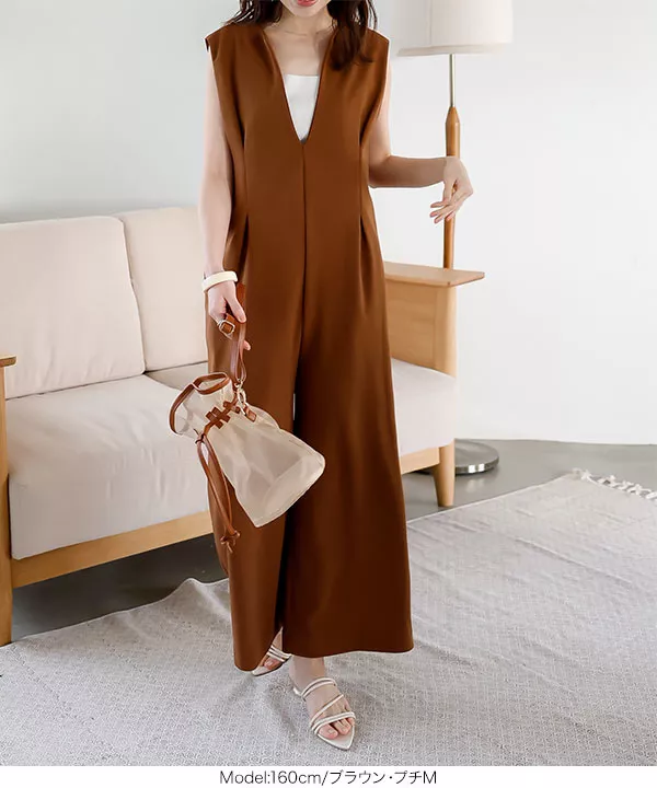 ディープキーネックウエストタックオールインワン [E3241