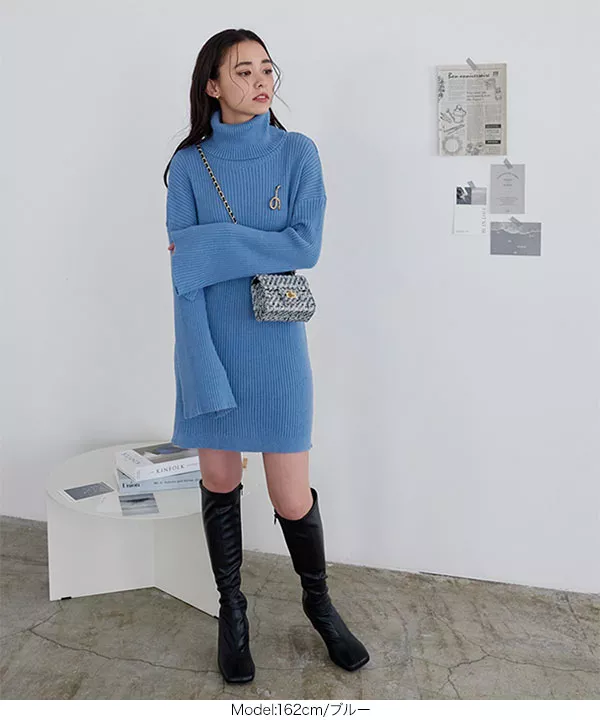 袖スリットもっちりニットミニワンピース [E3242] - レディース