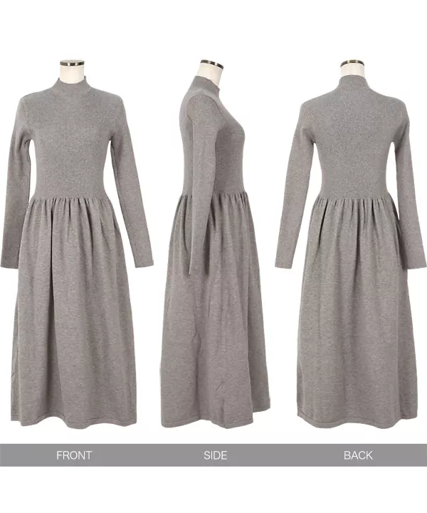 ウエスト切替ハイネックニットワンピース [E3253] - レディース