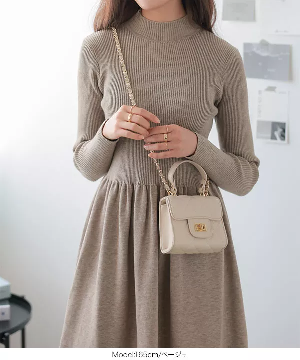 ウエスト切替ハイネックニットワンピース [E3253] - レディース