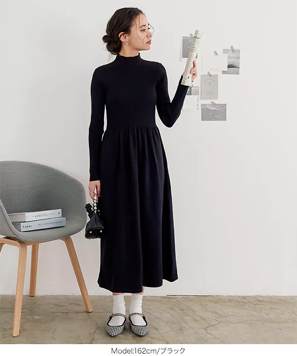 B*E様 Hermes 黒のタートルネック　ワンピース　サイズ38 ウエスト切替ハイネックニットワンピース [E3253] - レディース